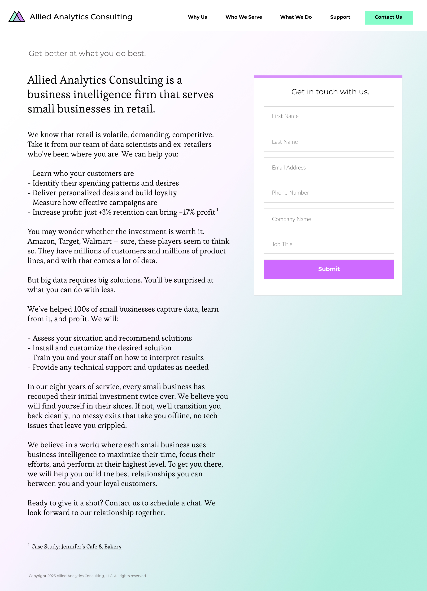 Sample of a landing page for a business intelligence consulting company